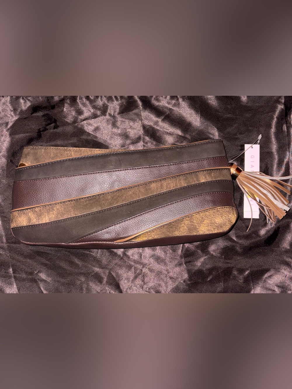 Giani Bernini Brown and Tan Striped Leather Clutch with Tassel - Picture 2 of 5